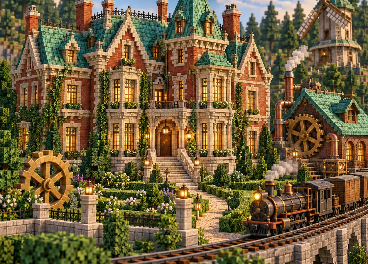A painted Victorian estate on a rise, its belvedere tower above dusky orchards